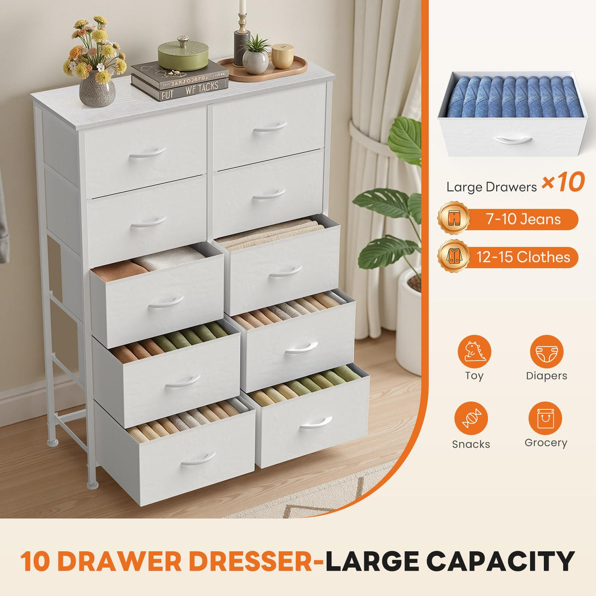 White 10 Drawer Tall Dresser T4774