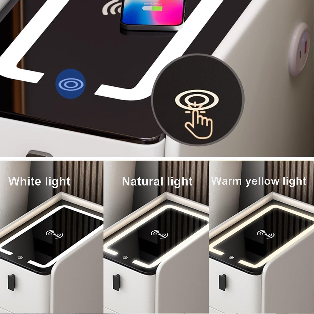 White Smart Nightstand with Fingerprint Lock, Wireless Charging, Speaker, USB Port, 3 LED Lights, 2 Storage Drawers N404063