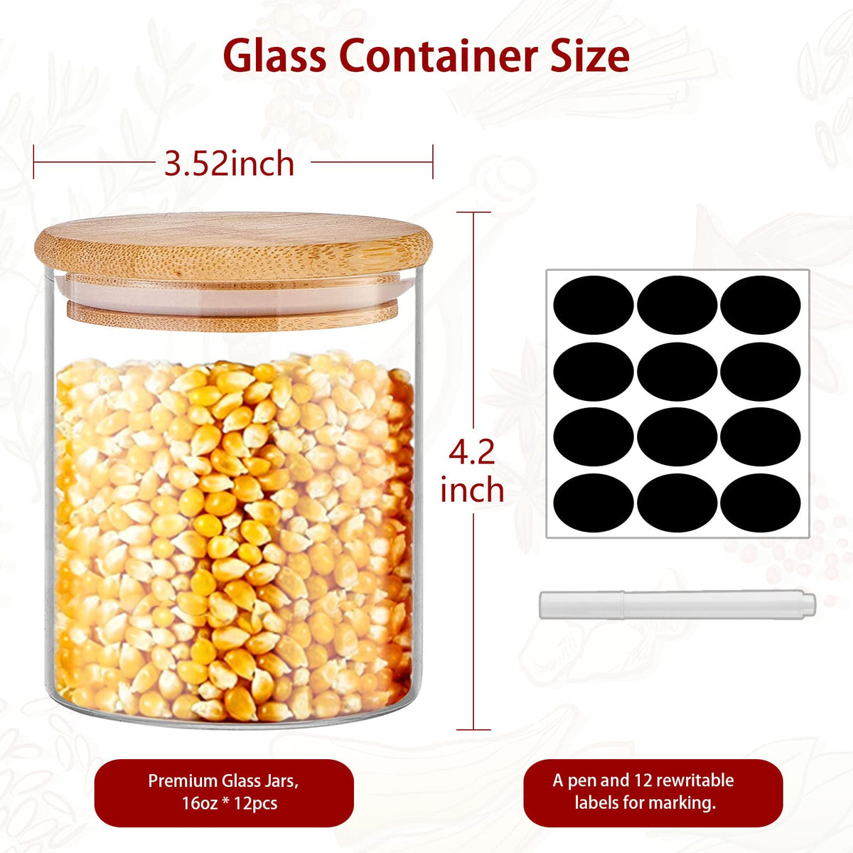 16 oz Glass Food Storage Jars with Bamboo Lids B54071
