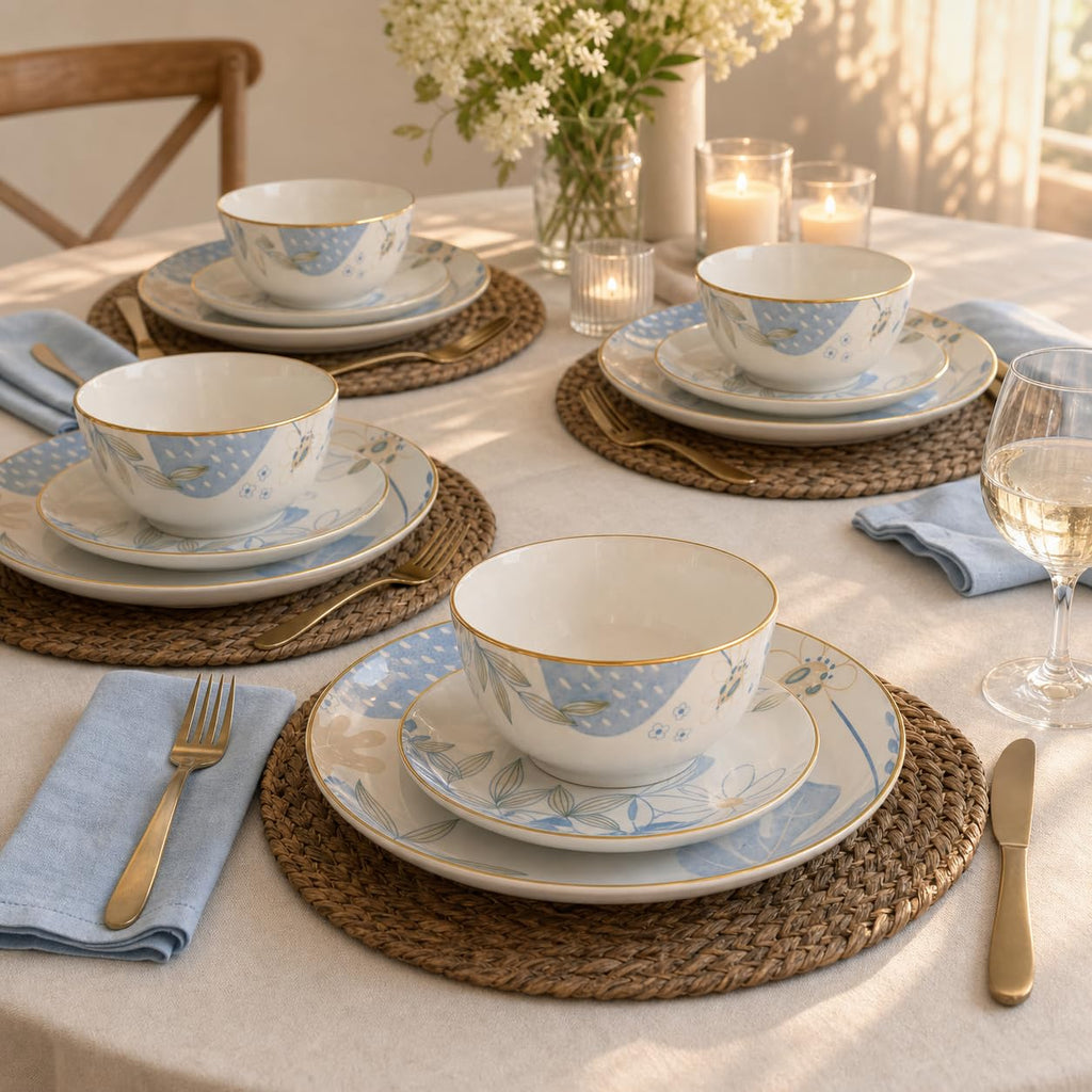 12-Piece Blue Floral Ceramic Dinnerware Set O35539