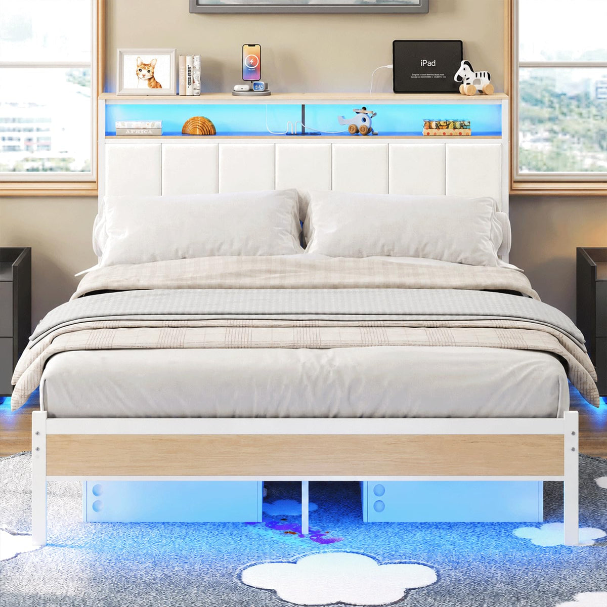 White Full Size Upholstered Platform Bed Frame with LED Lights and Storage Shelf C65470