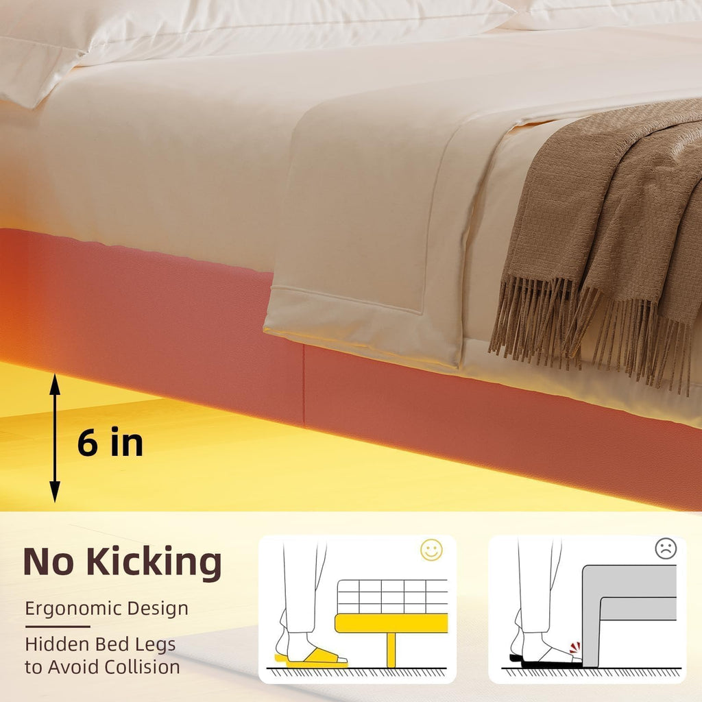 Pink Full Floating Bed Frame with LED Lights and Diamond Headboard S3319