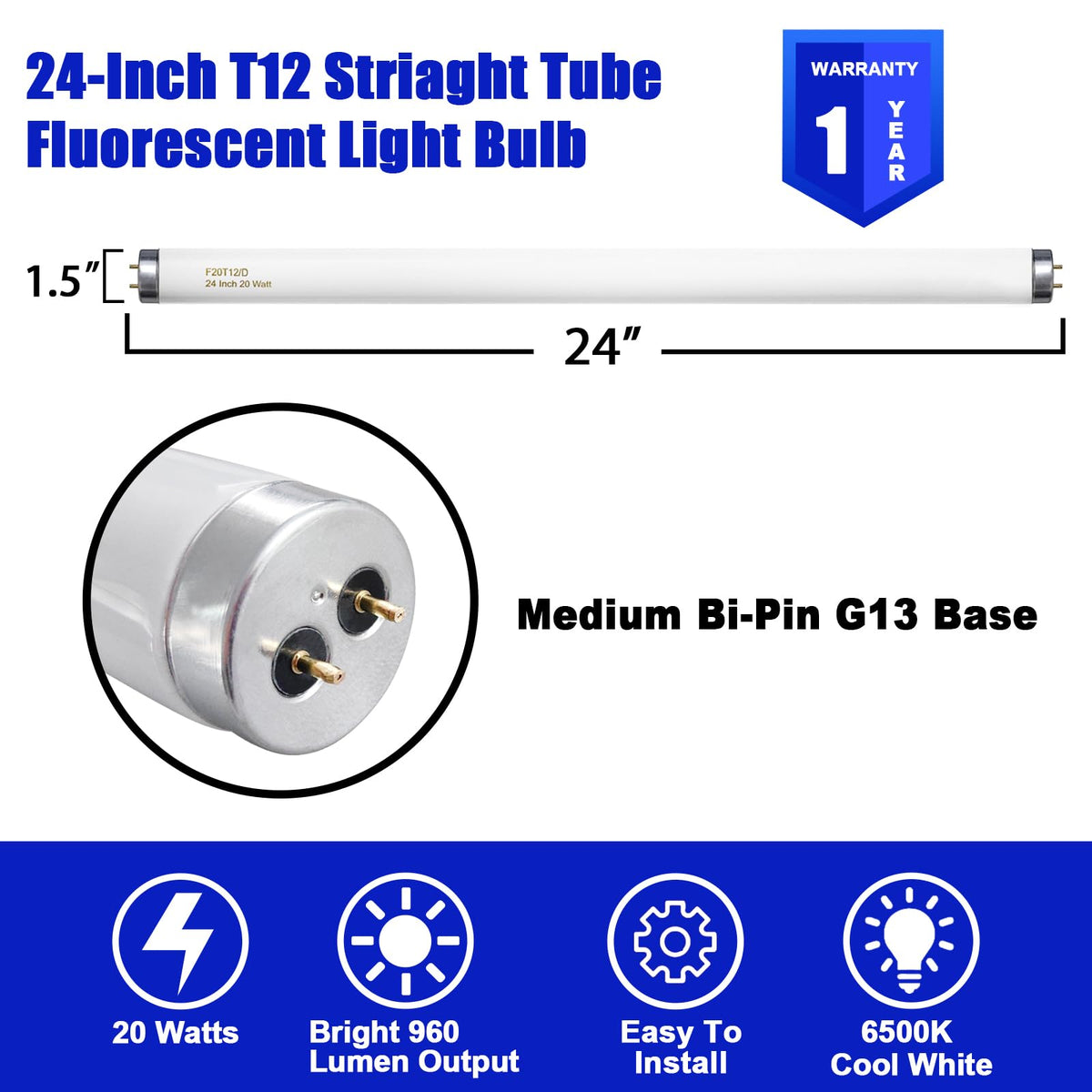 20 Watt T12 Fluorescent Tube Light Bulb Daylight 4 Count W1430
