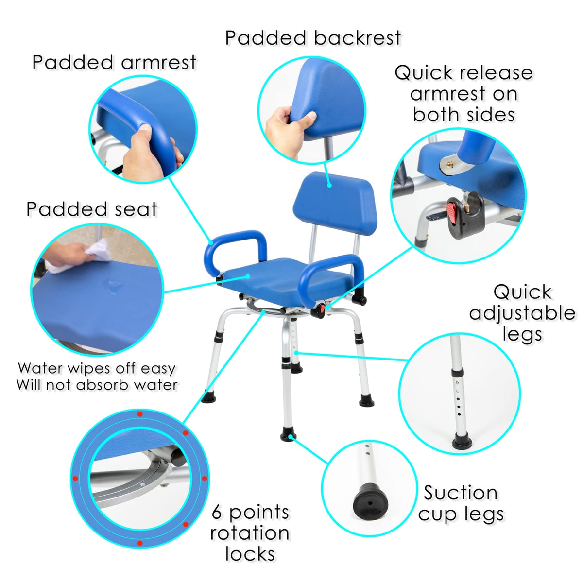 Blue Padded Shower Chair with Back and Arms S9830