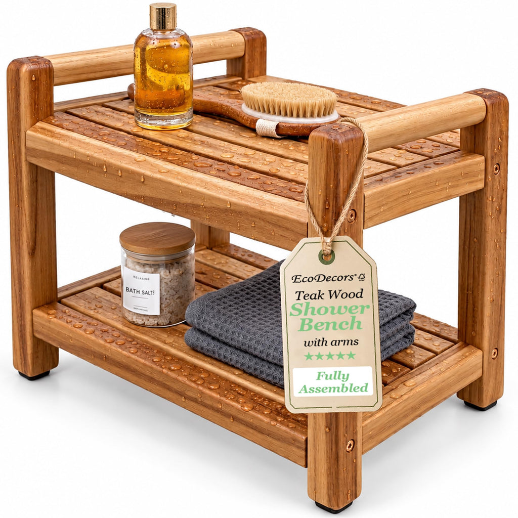 20" Teak Shower Bench with Arms & Storage Shelf C9954