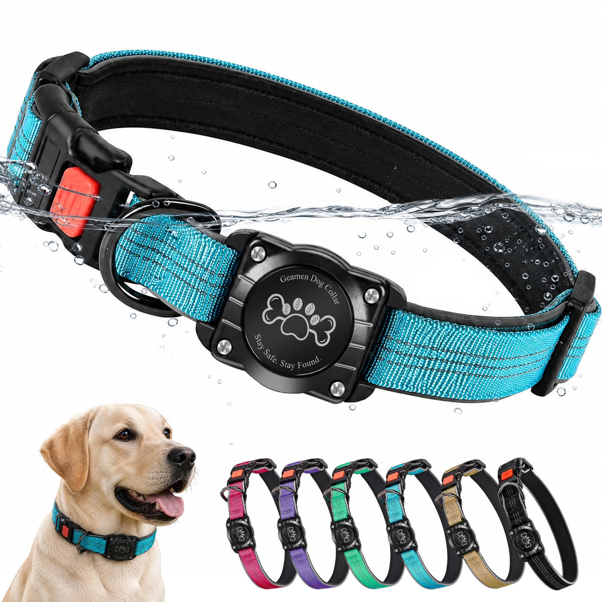 Blue IP68 Waterproof Reflective Dog Collar with AirTag Holder C34349