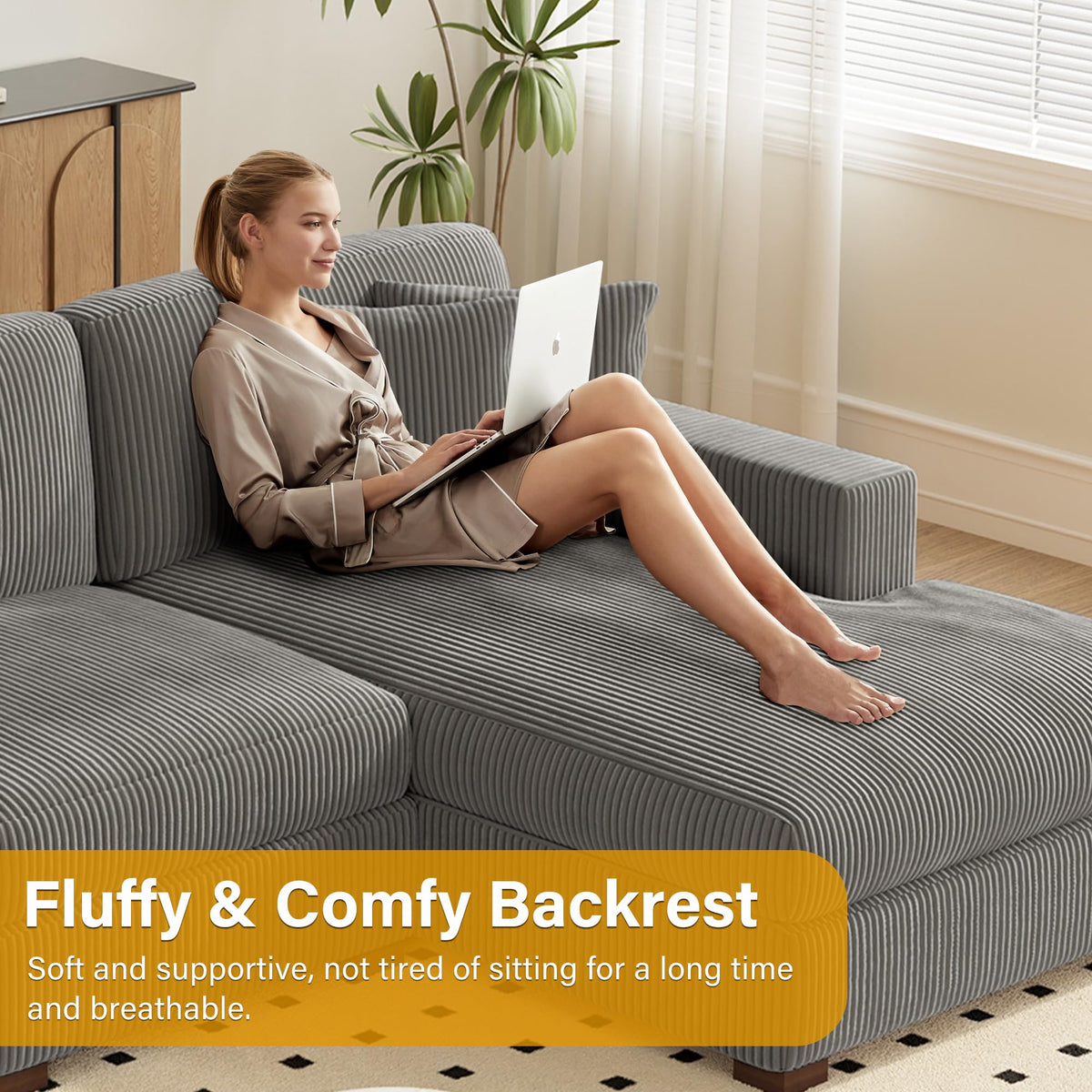 118" Light Gray Corduroy Modular Sectional Sofa with L-Shape Chaise X806554