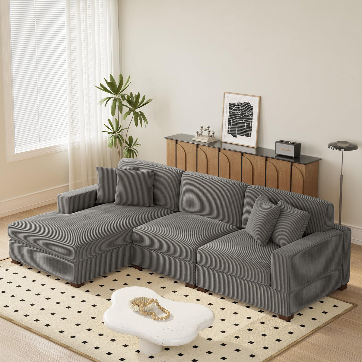 118" Light Gray Corduroy Modular Sectional Sofa with L-Shape Chaise X806554