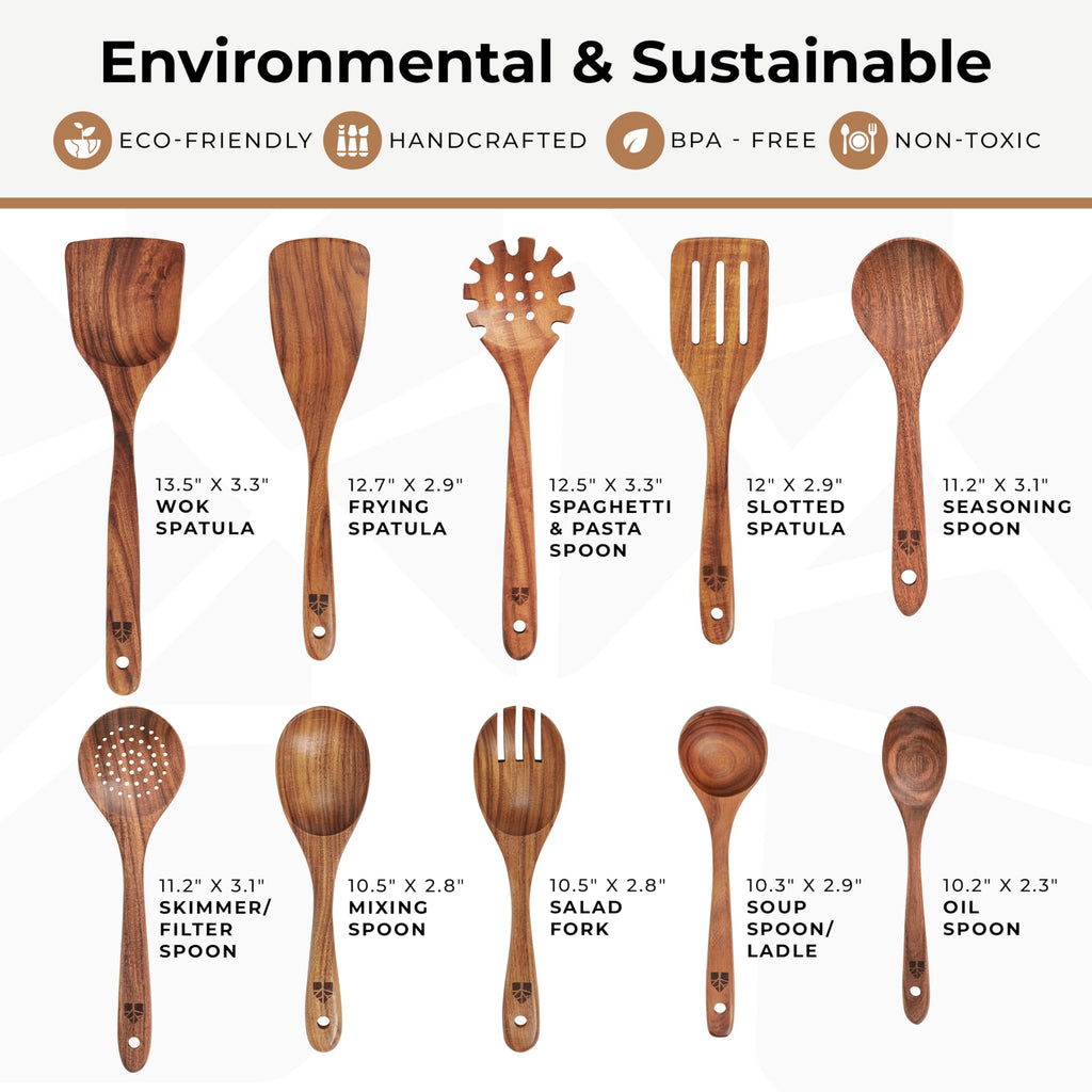 10 Pcs Non Toxic Teak Wooden Kitchen Utensils Set K614983