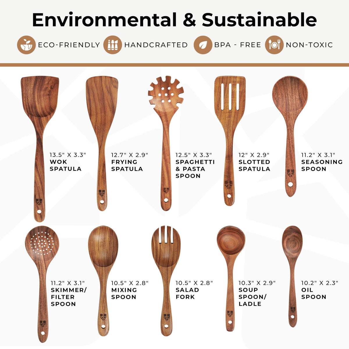 10 Pcs Non Toxic Teak Wooden Kitchen Utensils Set K614983