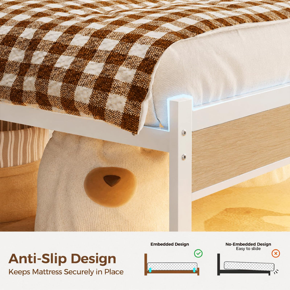 White Full Size Upholstered Platform Bed Frame with LED Lights and Storage Shelf C65470