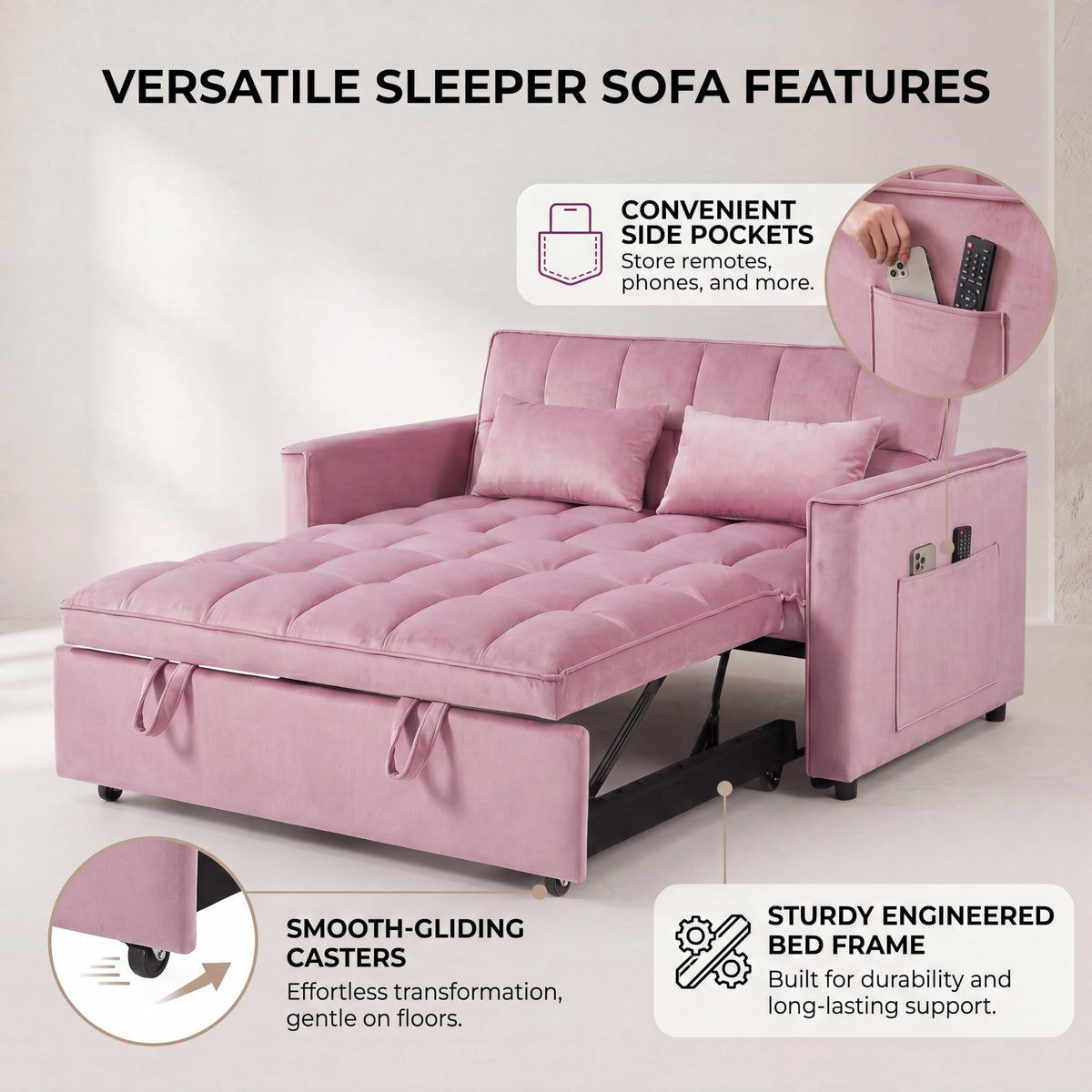 Pink Velvet Convertible Sleeper Sofa Bed H585