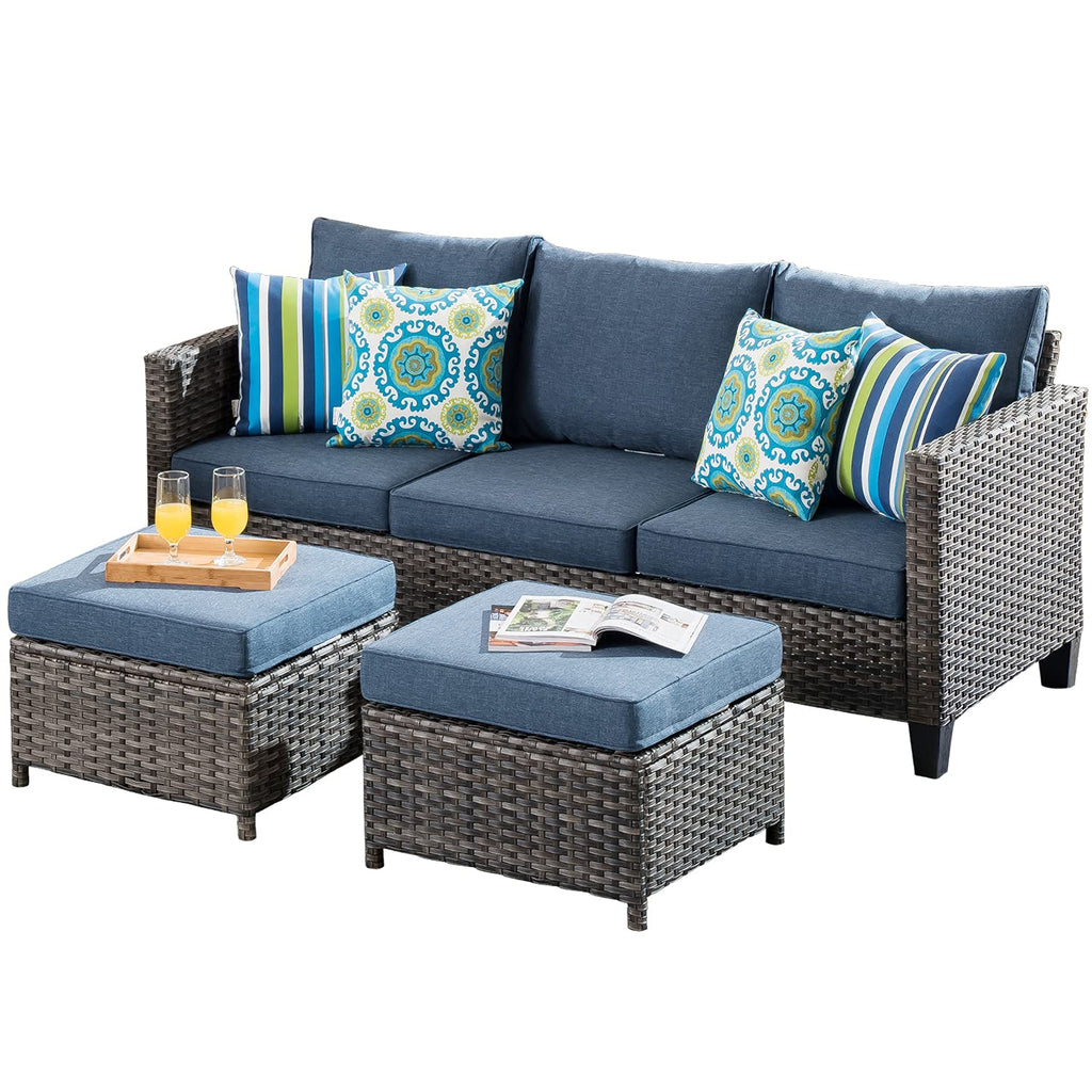 3 Pieces Wicker Rattan Patio Furniture Set with Ottomans Q8758