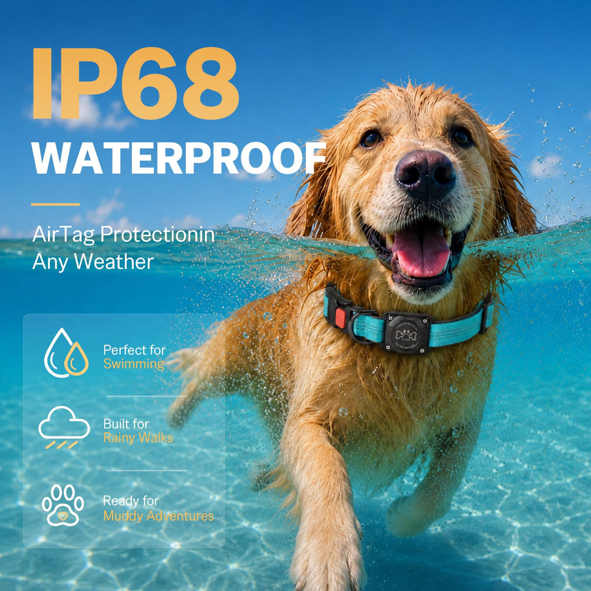 Blue IP68 Waterproof Reflective Dog Collar with AirTag Holder C34349