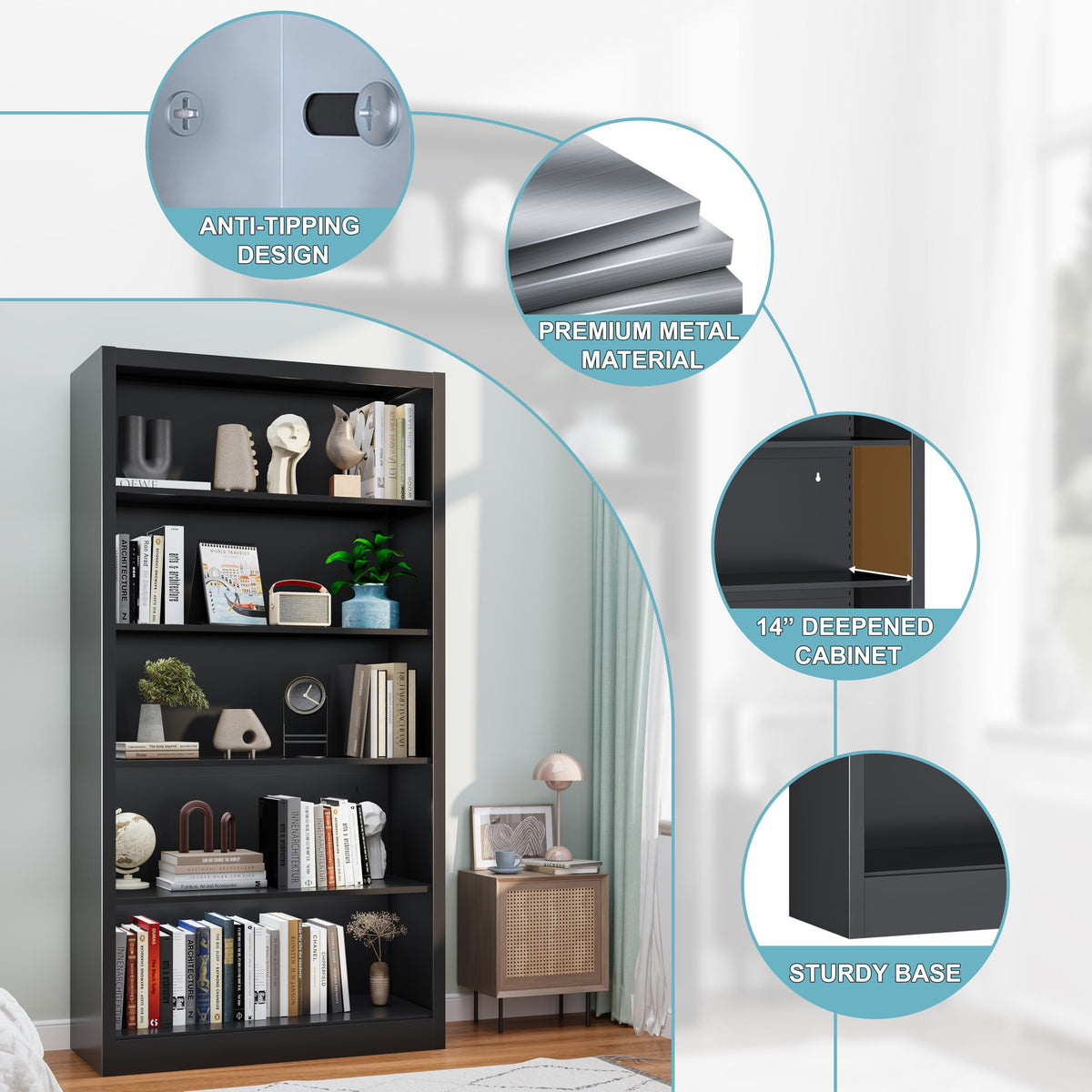 Black 5-Tier Adjustable Metal Bookshelf T84376