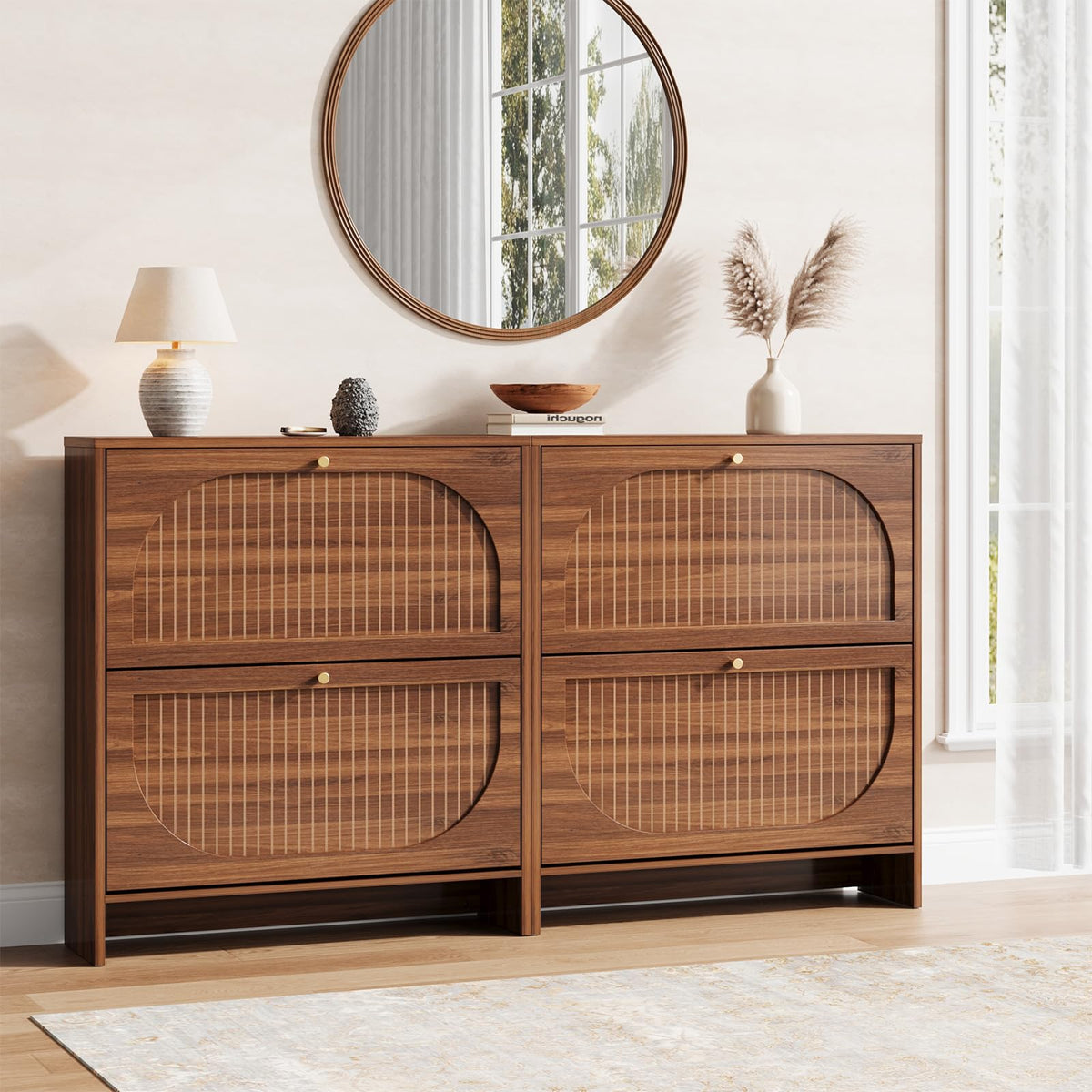 Luminous Walnut Shoe Storage Cabinet with Adjustable Shelves U1477