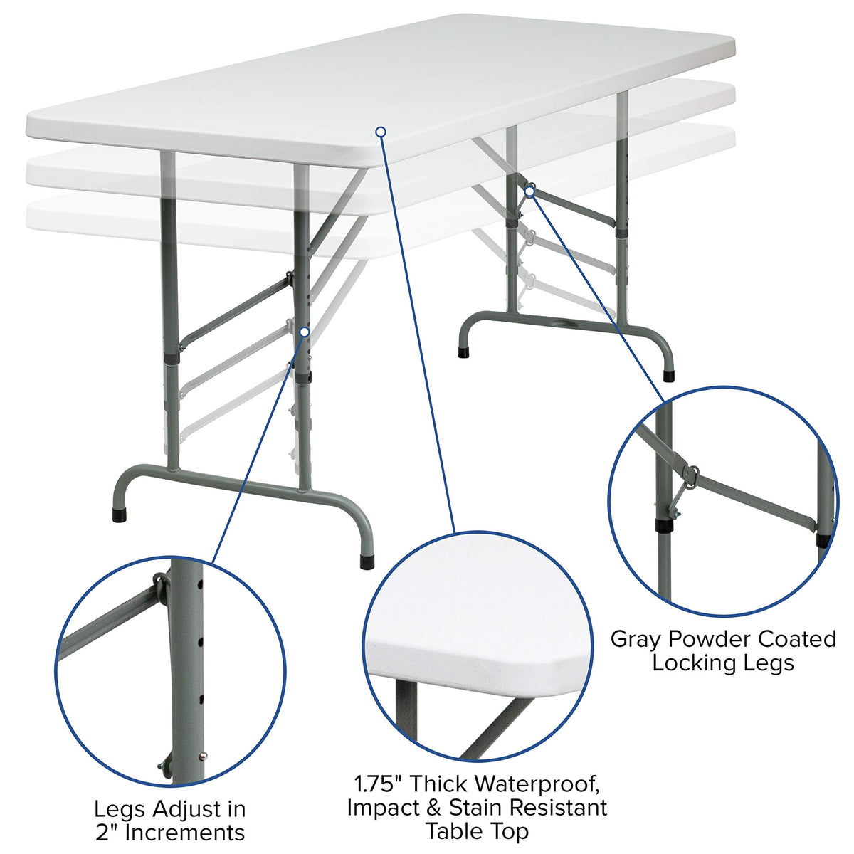 6-Foot Granite White Adjustable Plastic Folding Table G580