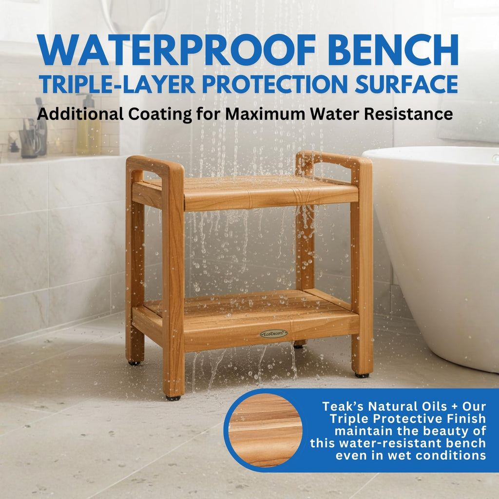 20" Teak Shower Bench with Arms & Storage Shelf C9954