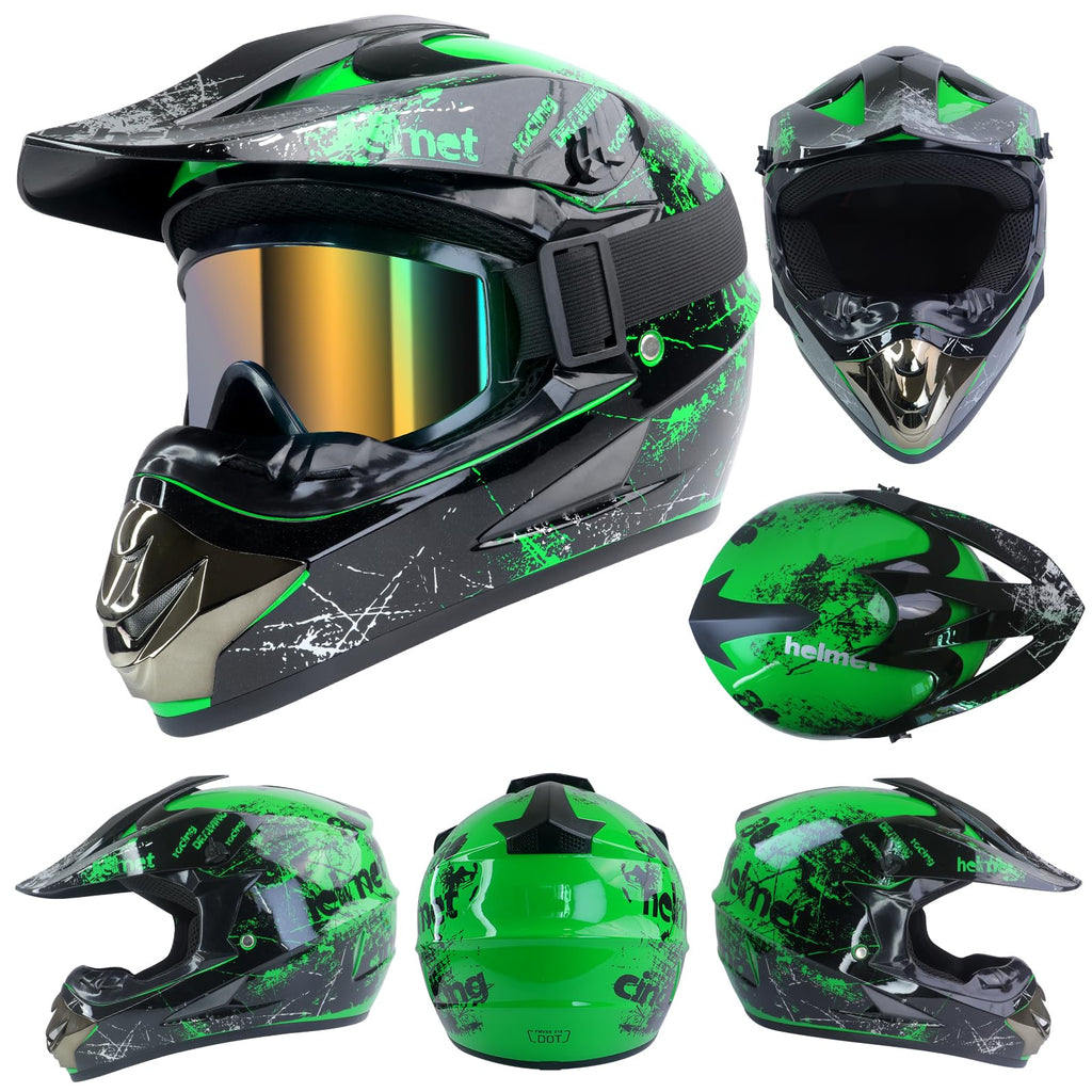 Youth Kids Full Face Dirt Bike Helmet 4Pcs Set DOT Approved Green XL W759