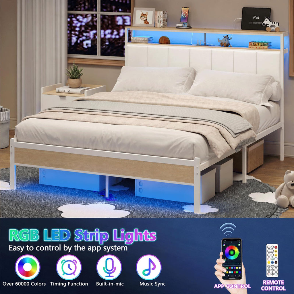 White Full Size Upholstered Platform Bed Frame with LED Lights and Storage Shelf C65470