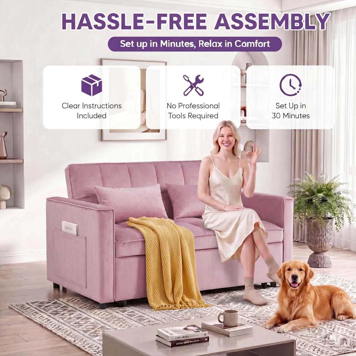 Pink Velvet Convertible Sleeper Sofa Bed H585