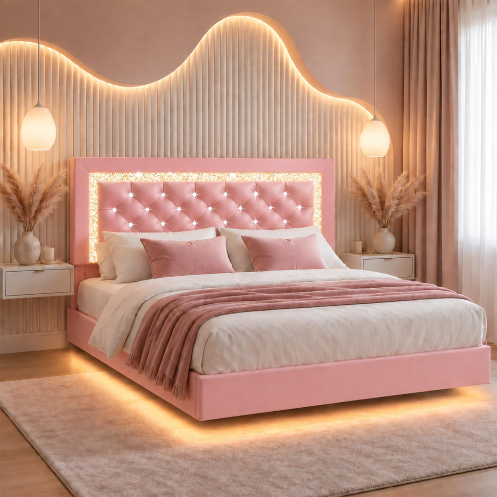 Pink Full Floating Bed Frame with LED Lights and Diamond Headboard S3319