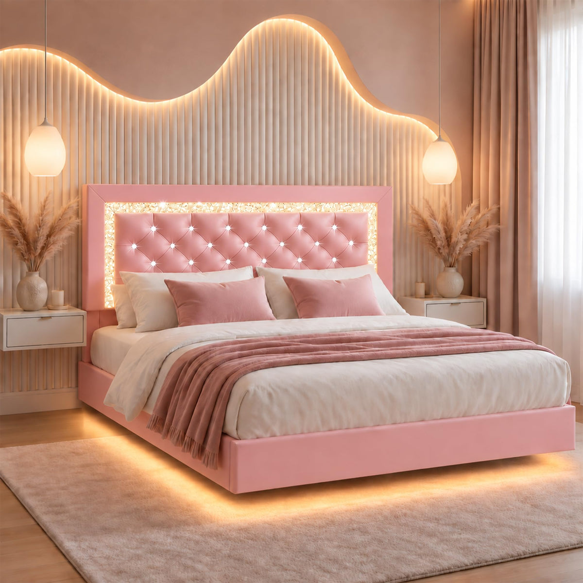 Pink Full Floating Bed Frame with LED Lights and Diamond Headboard S3319
