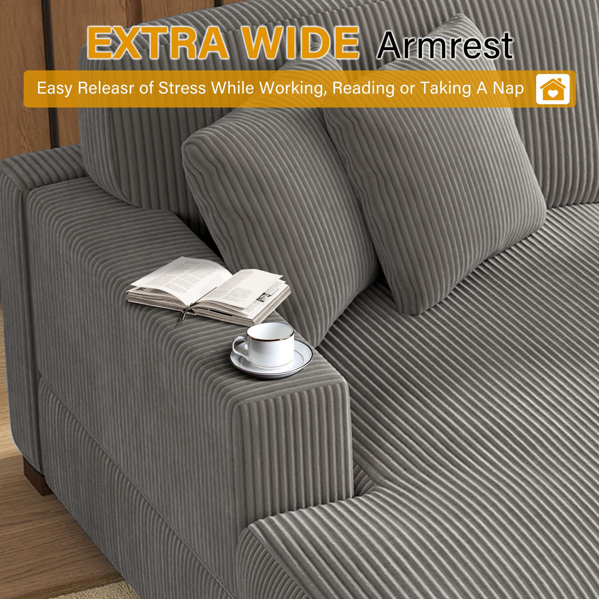 118" Light Gray Corduroy Modular Sectional Sofa with L-Shape Chaise X806554