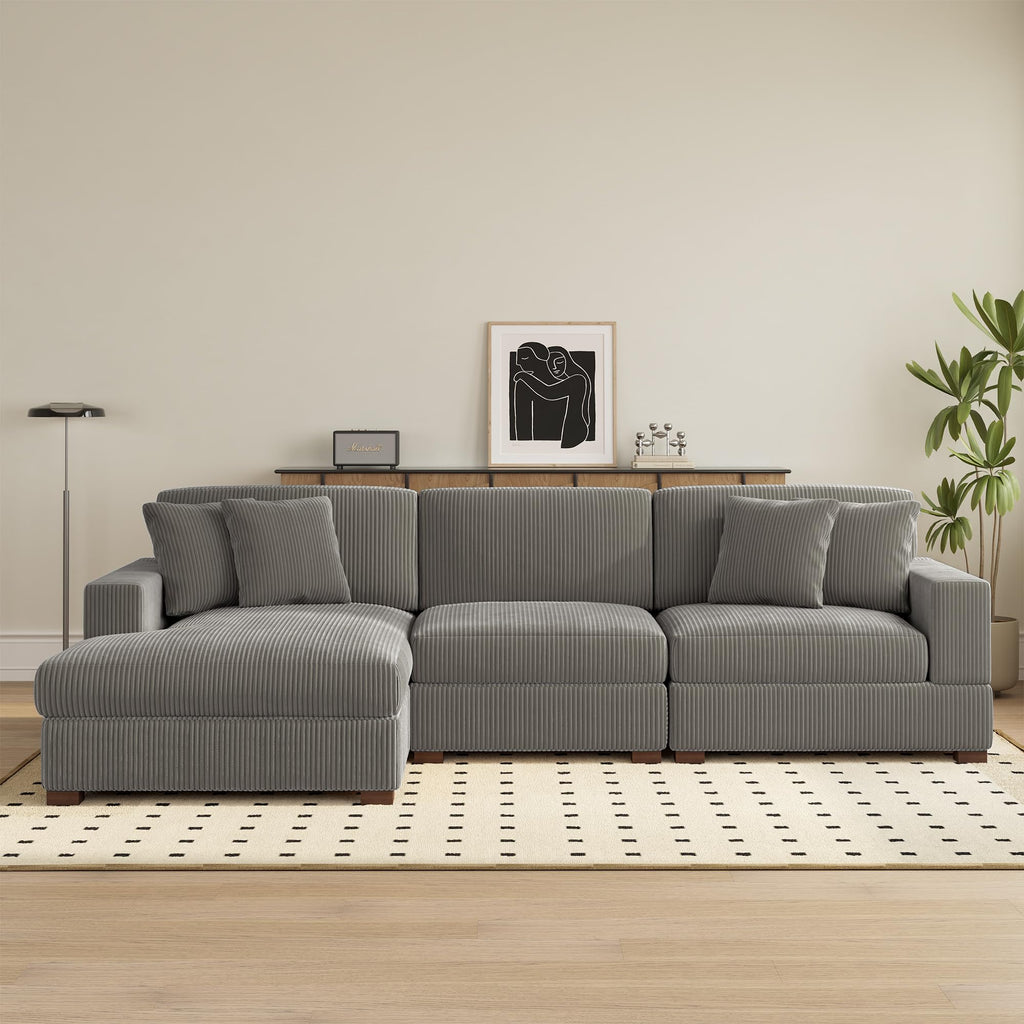 118" Light Gray Corduroy Modular Sectional Sofa with L-Shape Chaise X806554