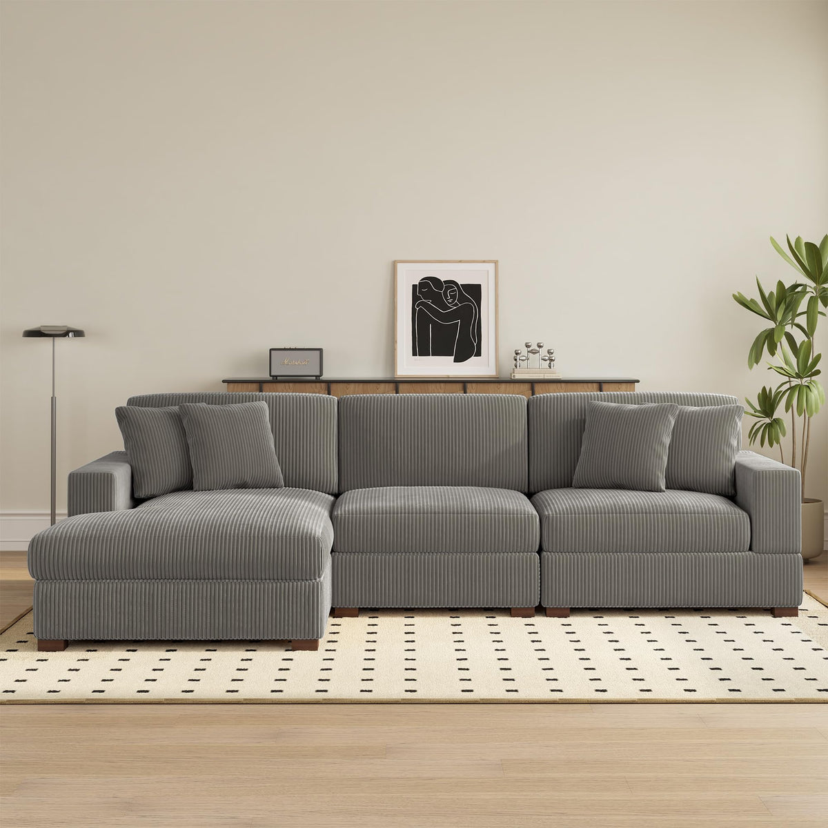 118" Light Gray Corduroy Modular Sectional Sofa with L-Shape Chaise X806554