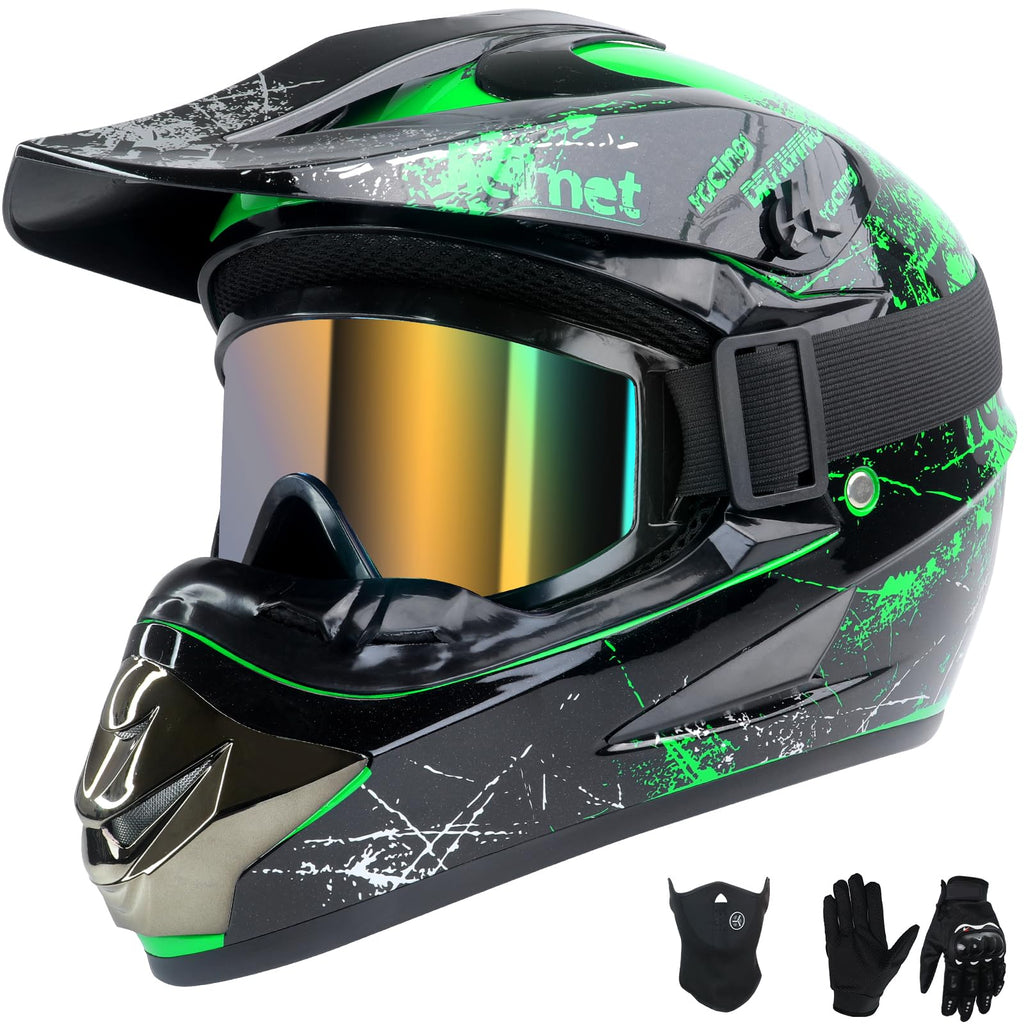 Youth Kids Full Face Dirt Bike Helmet 4Pcs Set DOT Approved Green XL W759