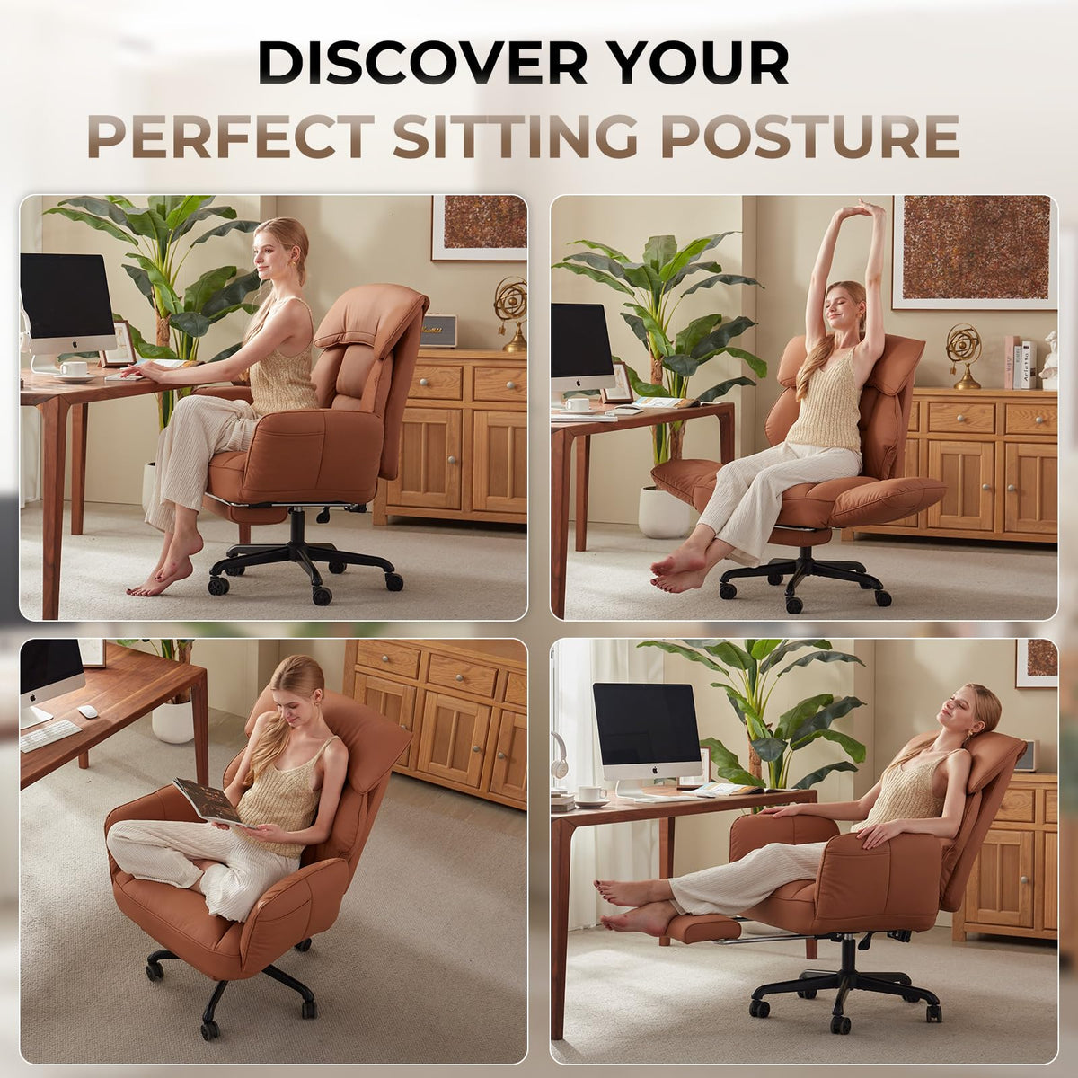 Brown Cross Legged Office Chair with Footrest and Metal Base E54111