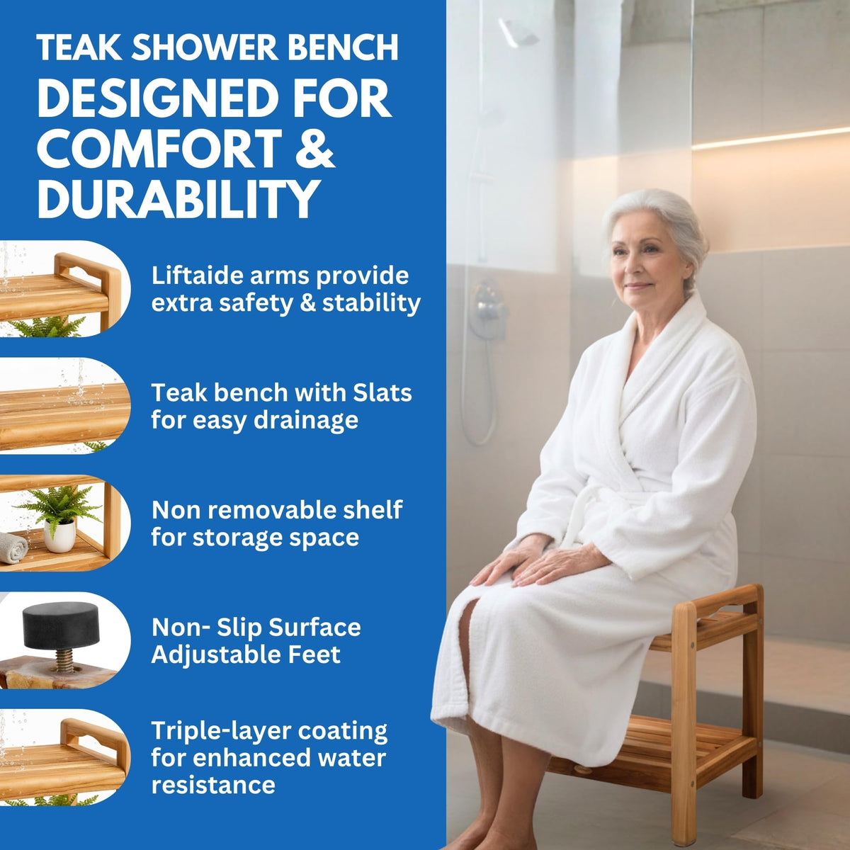 20" Teak Shower Bench with Arms & Storage Shelf C9954