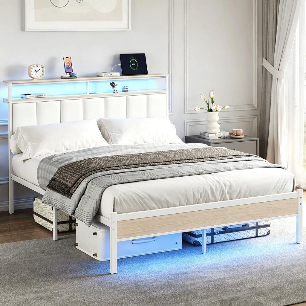 White Full Size Upholstered Platform Bed Frame with LED Lights and Storage Shelf C65470