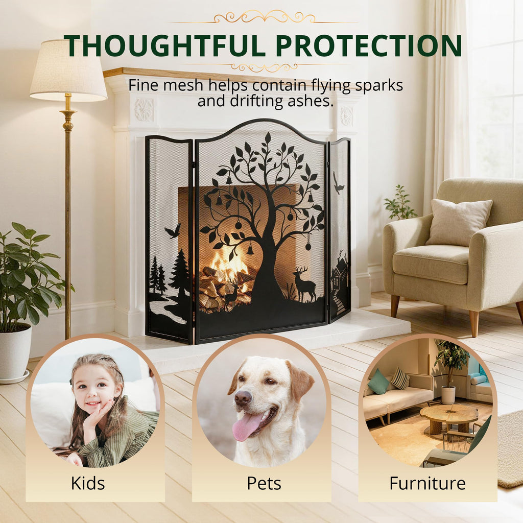 50" x 36" 3-Panel Tree Pattern Fireplace Screen B557550