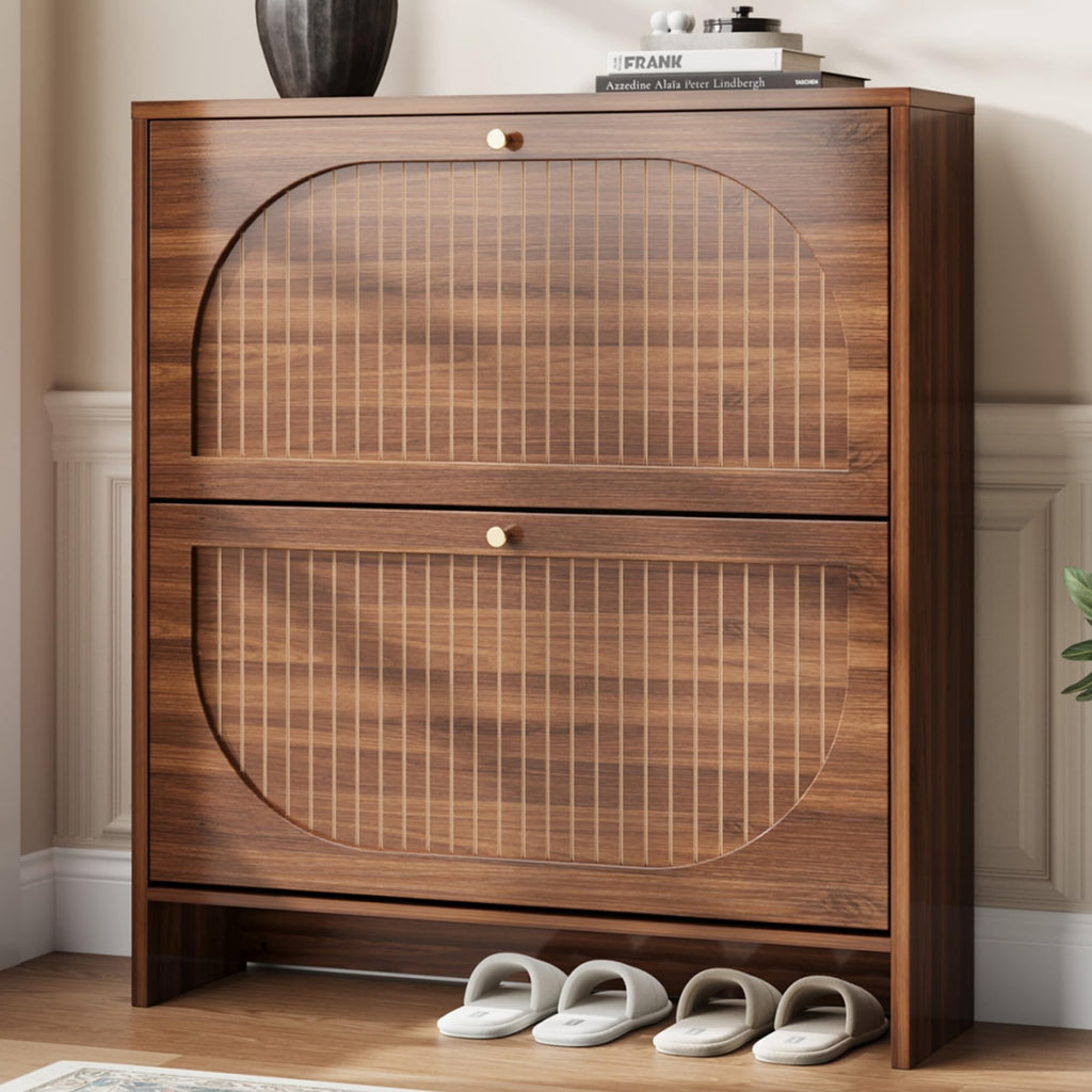 Luminous Walnut Shoe Storage Cabinet with Adjustable Shelves U1477