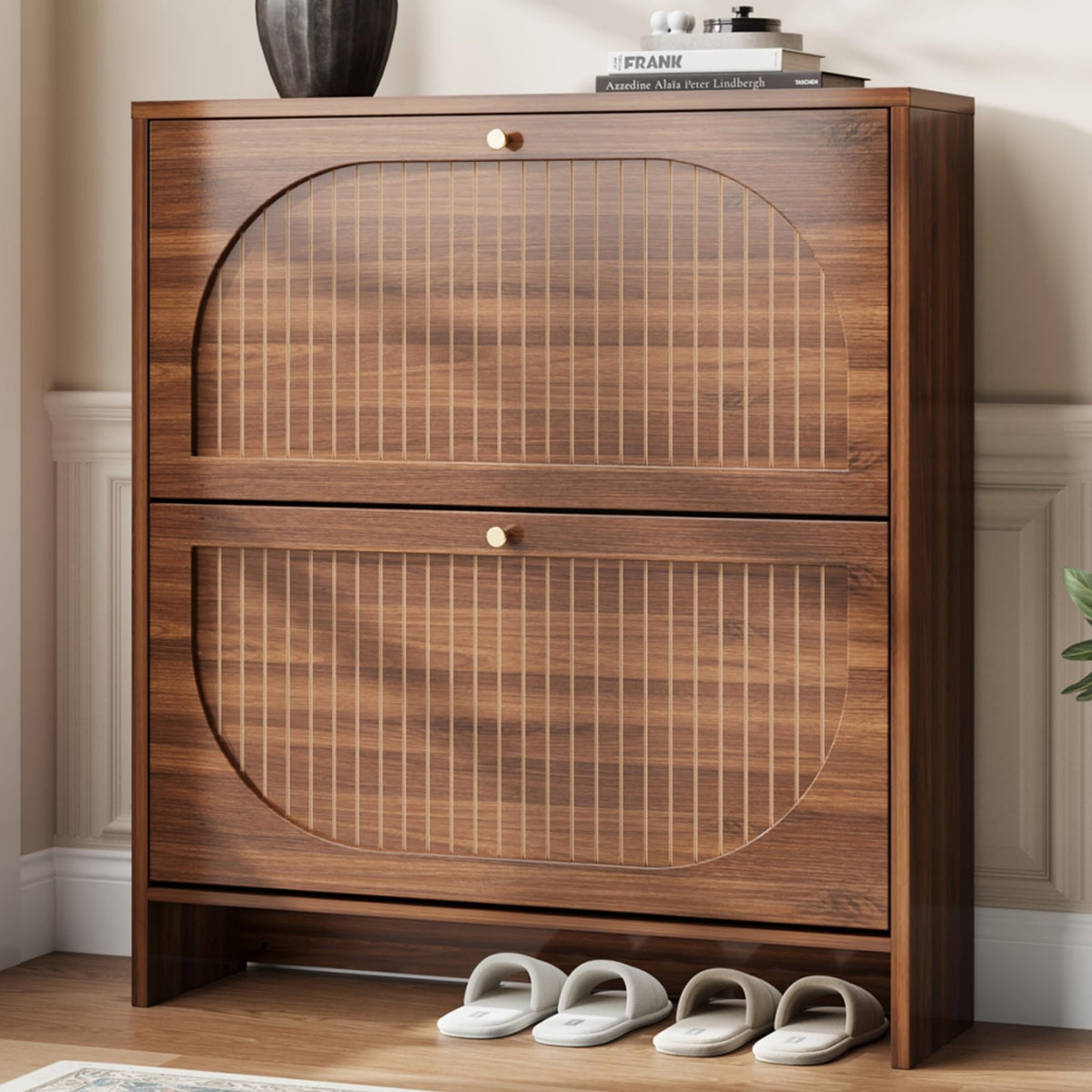 Luminous Walnut Shoe Storage Cabinet with Adjustable Shelves U1477