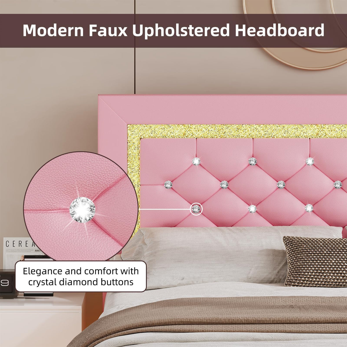 Pink Full Floating Bed Frame with LED Lights and Diamond Headboard S3319