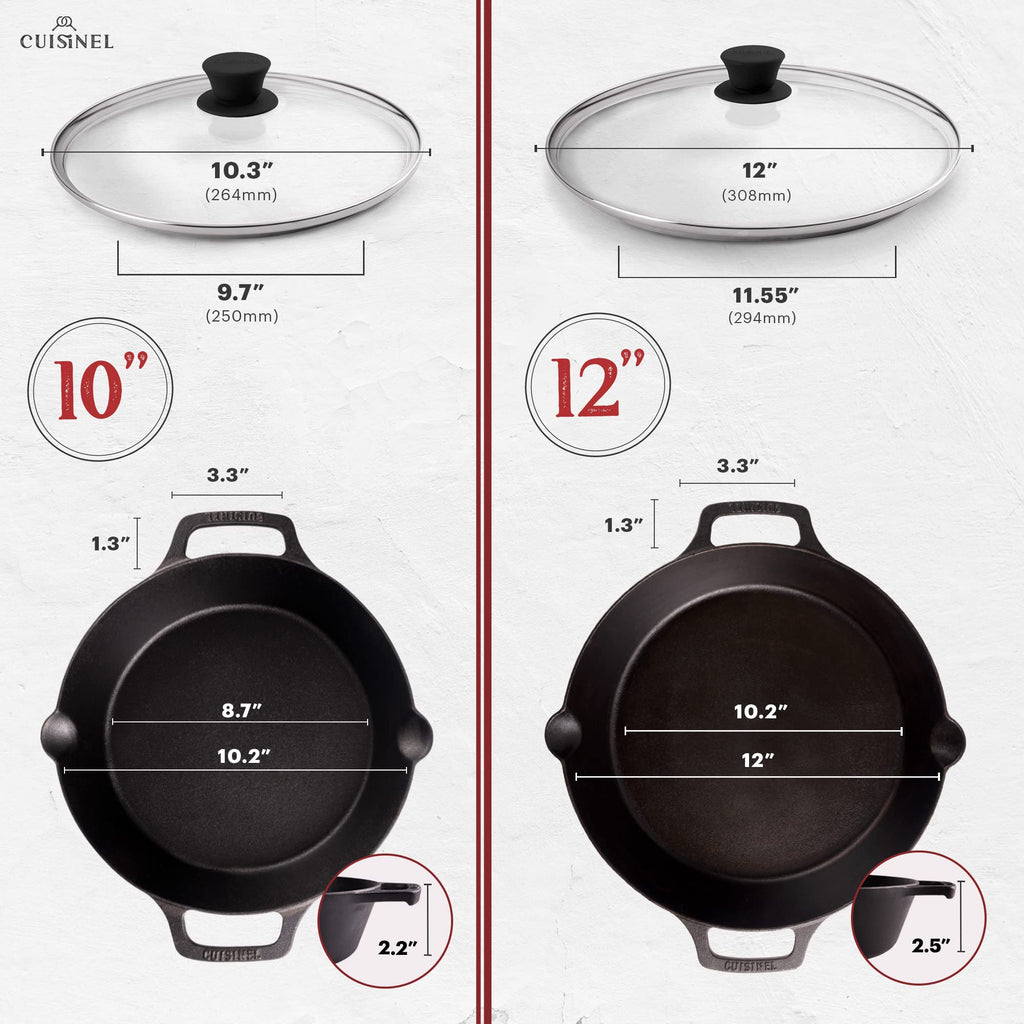 Cast Iron Skillet Set 10" + 12" Dual Handle Frying Pans with Glass Lids Pre-seasoned Oven Safe Cookware P995846