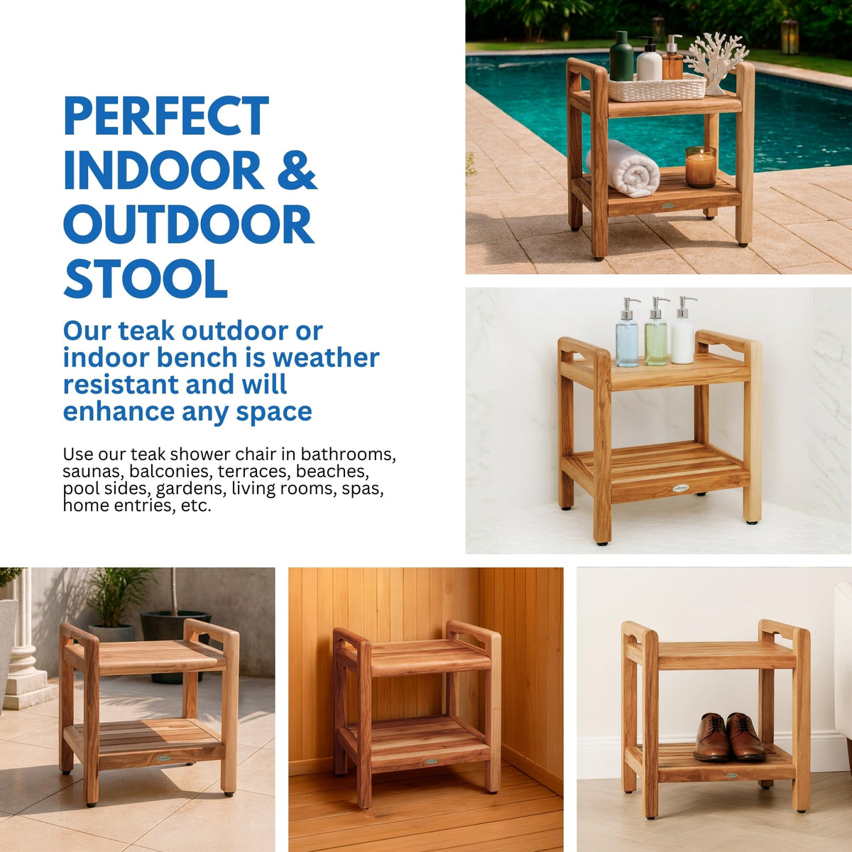 20" Teak Shower Bench with Arms & Storage Shelf C9954