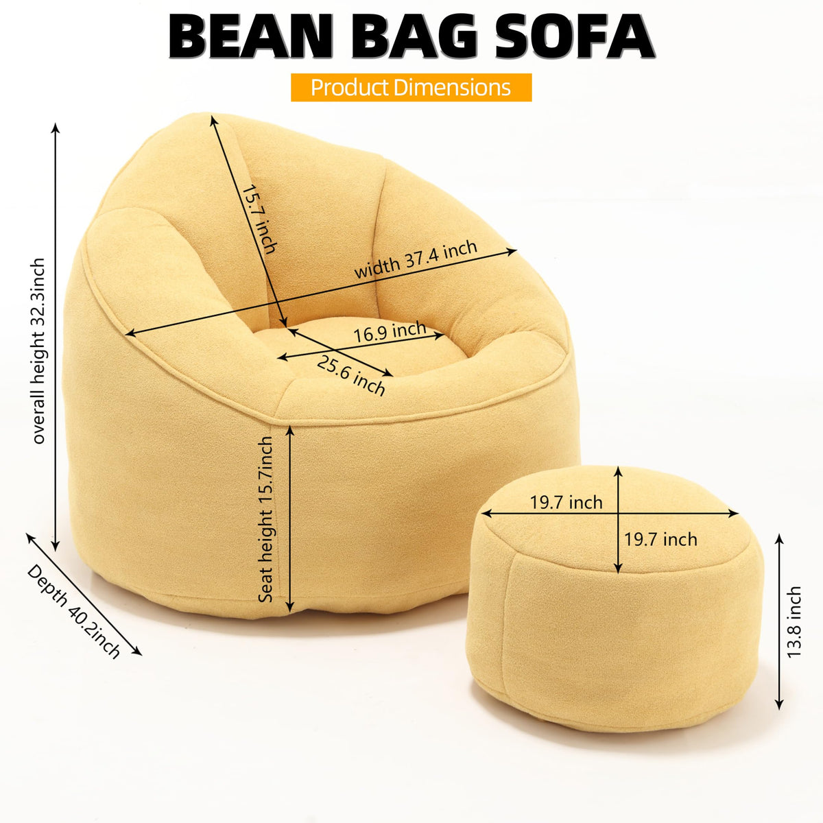 Yellow 3.4 FT Bean Bag Chair with Ottoman L2800