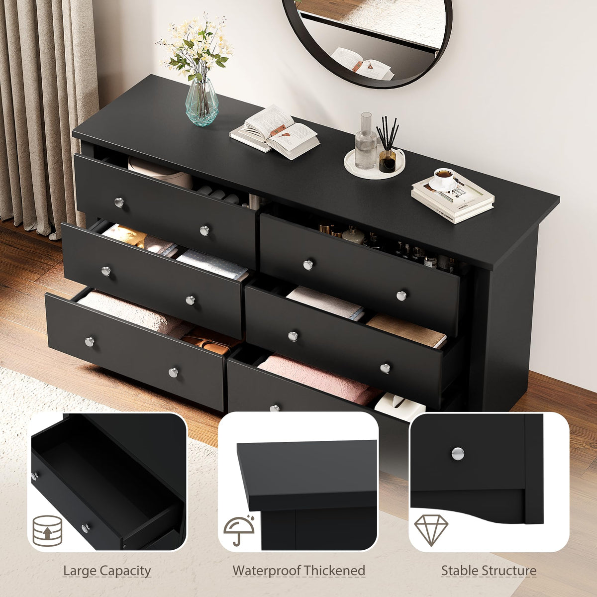 Black 6 Drawer Dresser F64804