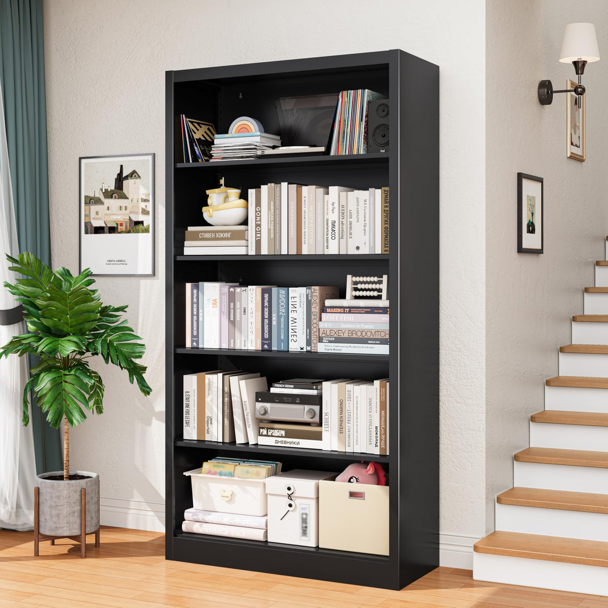 Black 5-Tier Adjustable Metal Bookshelf T84376