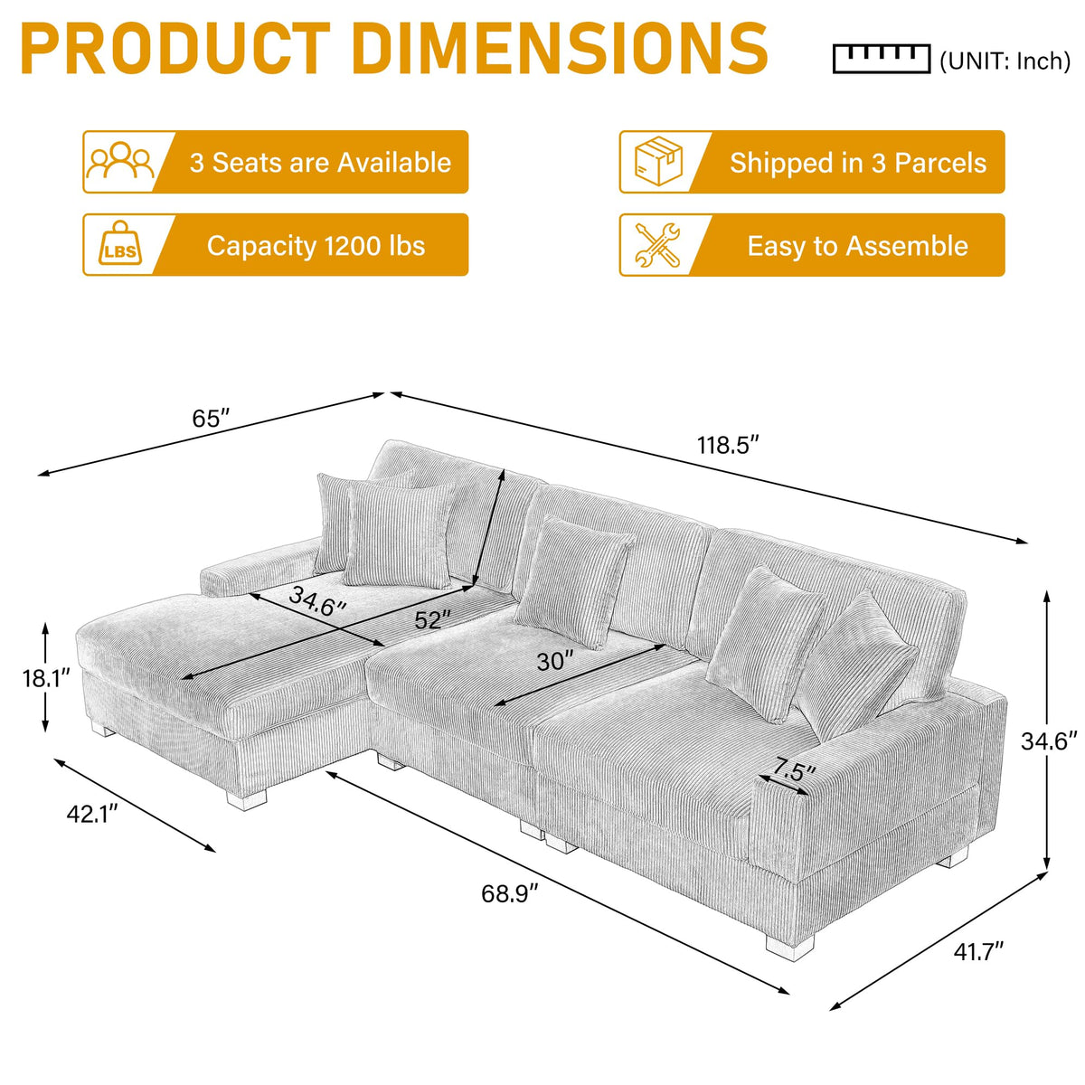 118" Light Gray Corduroy Modular Sectional Sofa with L-Shape Chaise X806554