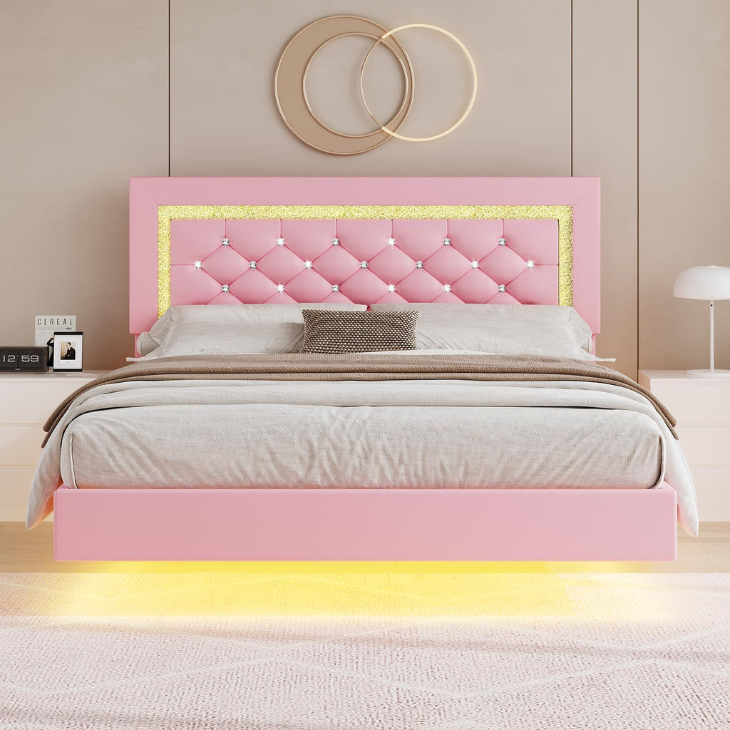 Pink Full Floating Bed Frame with LED Lights and Diamond Headboard S3319