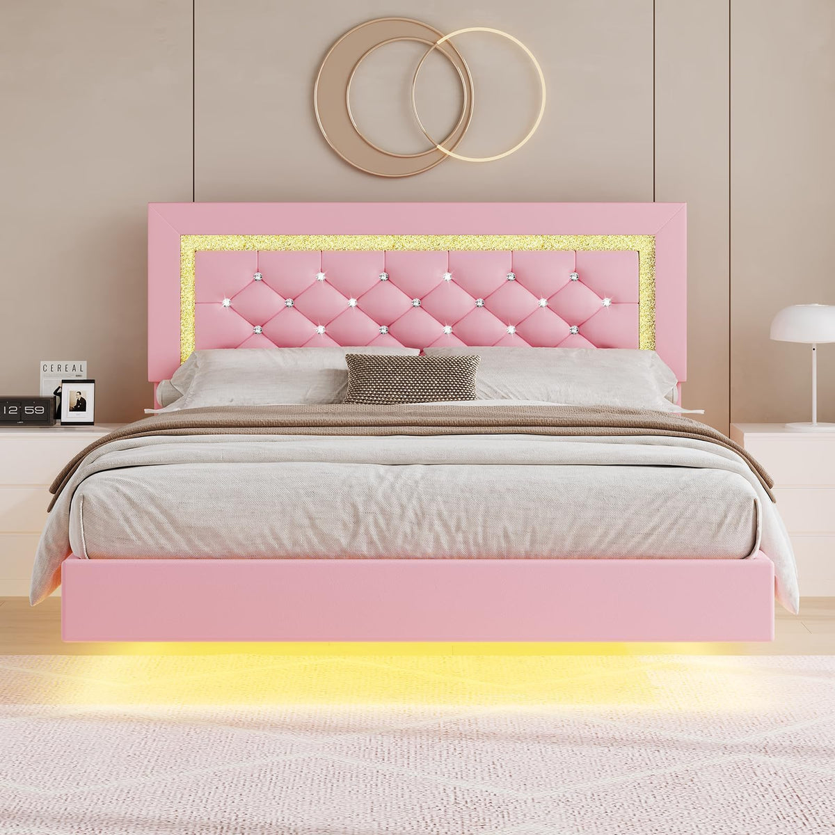 Pink Full Floating Bed Frame with LED Lights and Diamond Headboard S3319