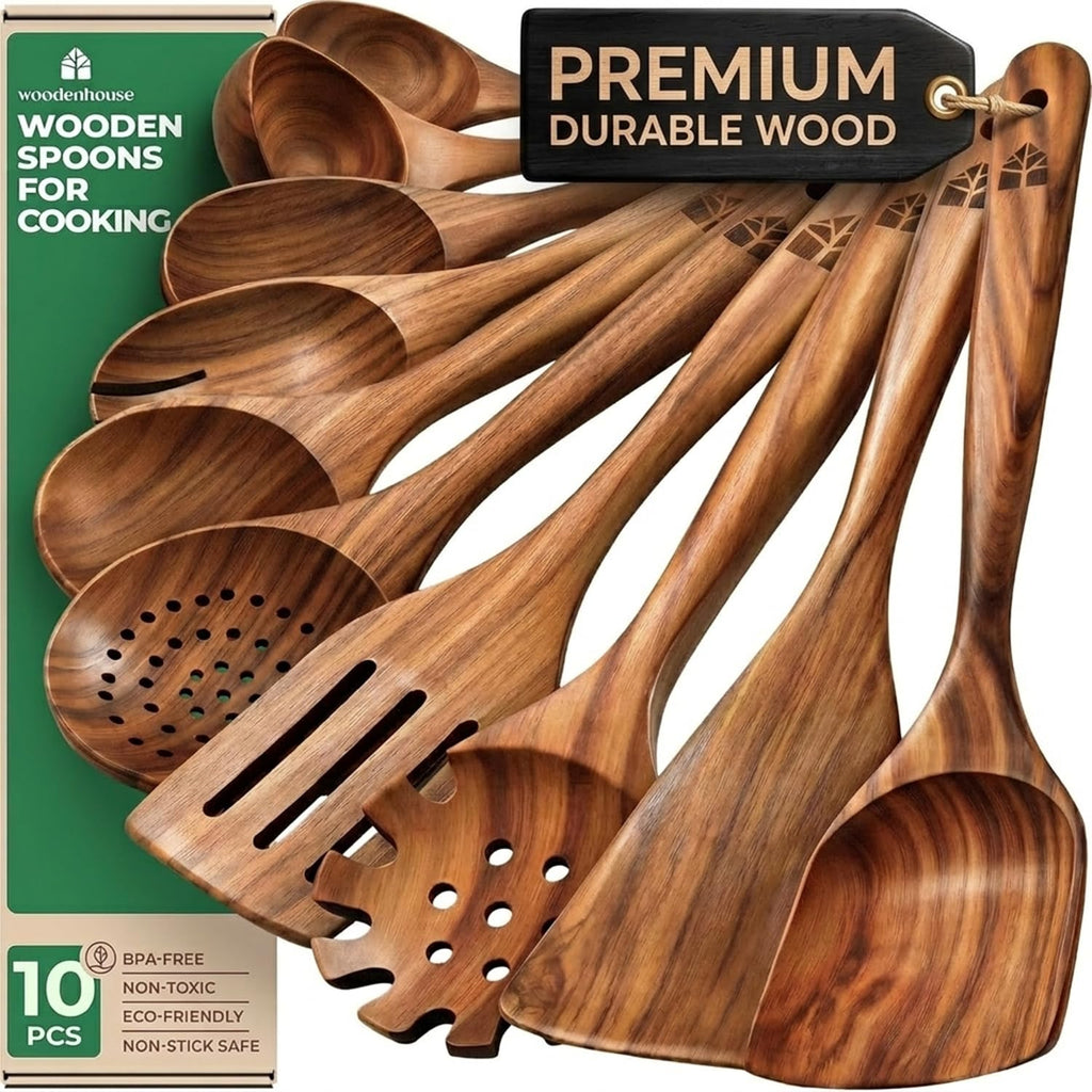 10 Pcs Non Toxic Teak Wooden Kitchen Utensils Set K614983