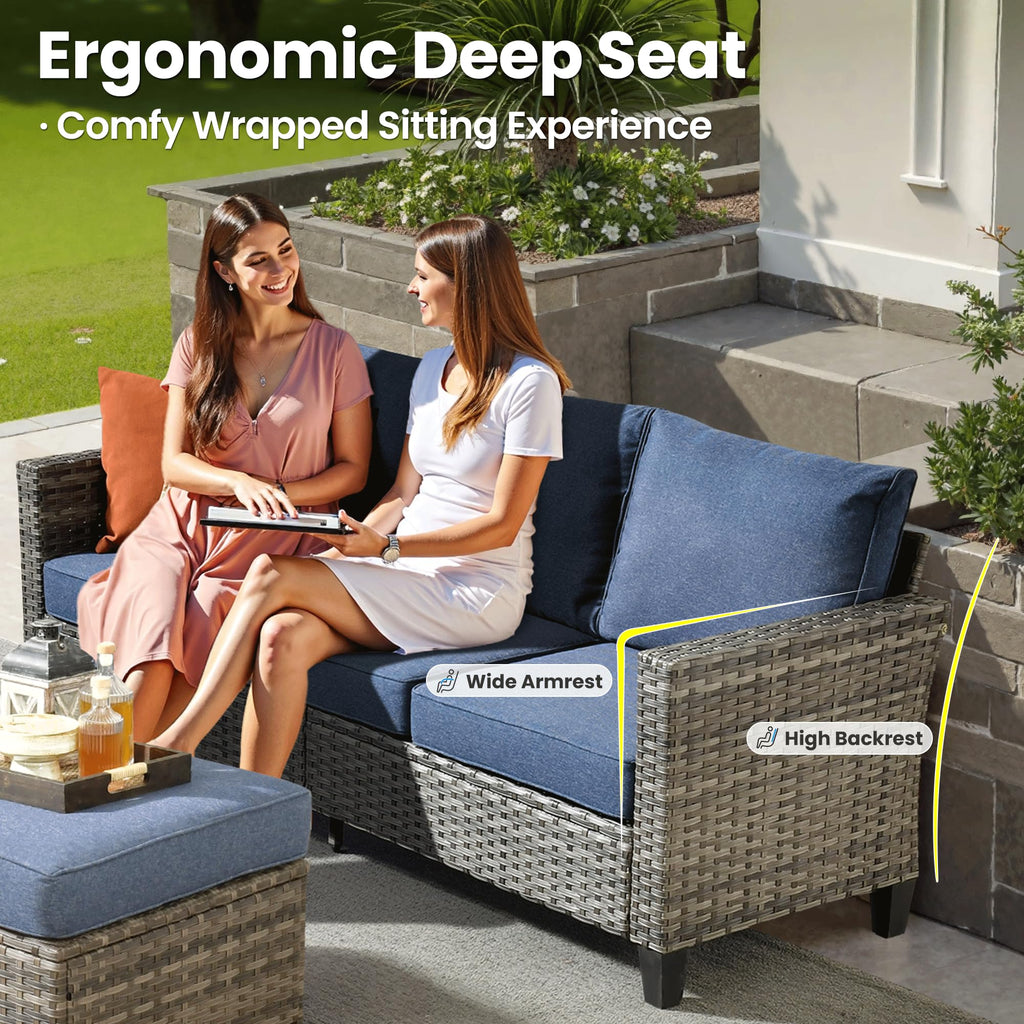 3 Pieces Wicker Rattan Patio Furniture Set with Ottomans Q8758