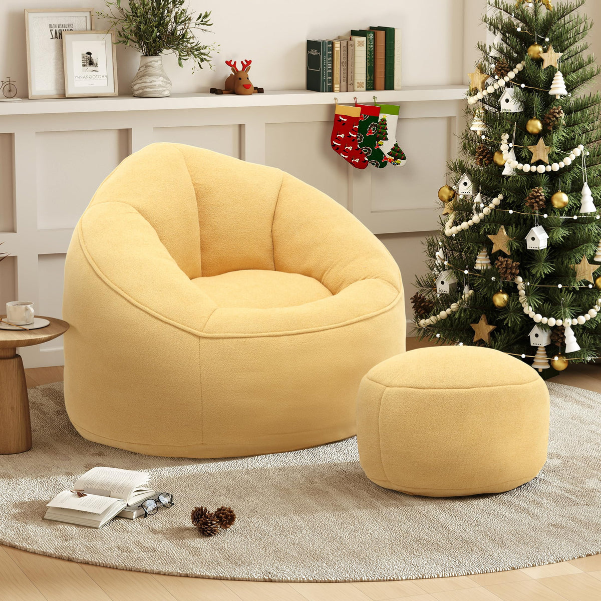 Yellow 3.4 FT Bean Bag Chair with Ottoman L2800