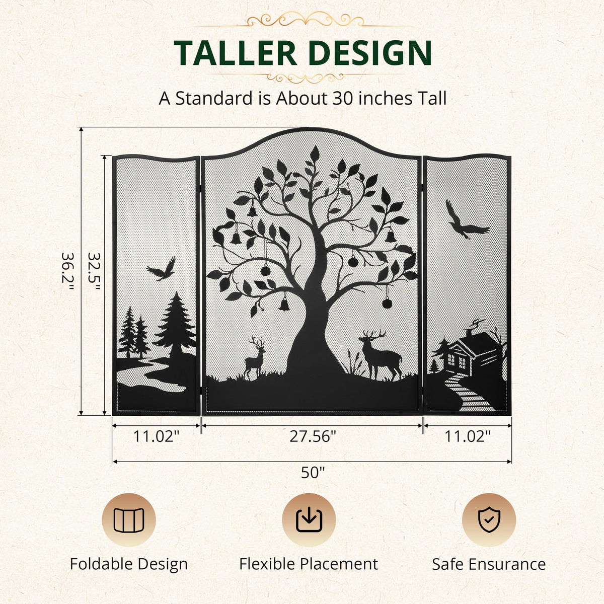 50" x 36" 3-Panel Tree Pattern Fireplace Screen B557550